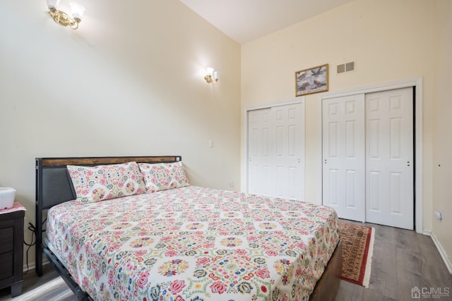 bedroom featuring multiple closets, high vaulted ceiling, and hardwood / wood-style flooring