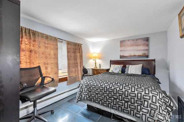 tiled bedroom featuring a baseboard radiator