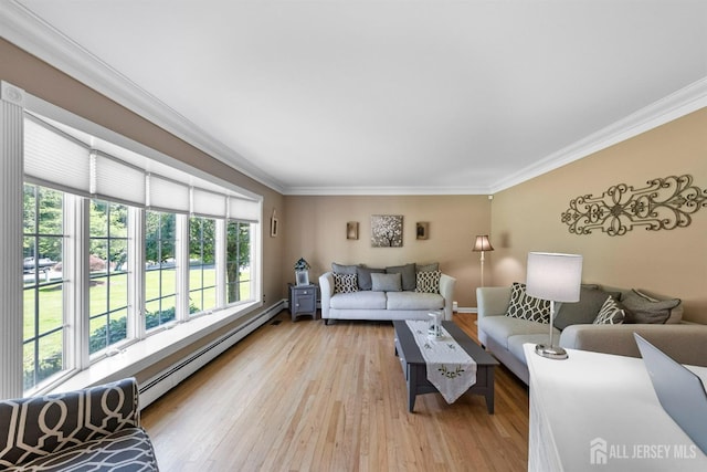 8 Garvey Dr, Monroe, NJ 08831 - living area with a baseboard heating unit, crown molding, and light wood-style flooring