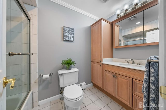 8 Garvey Dr, Monroe, NJ 08831 - bathroom with crown molding, vanity, a baseboard radiator, shower / bath combination with glass door, and tile patterned floors