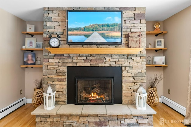 8 Garvey Dr, Monroe, NJ 08831 - detailed view of a baseboard heating unit, wood finished floors, and a stone fireplace