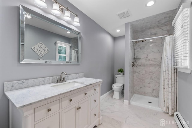 8 Garvey Dr, Monroe, NJ 08831 - full bathroom featuring a baseboard radiator, marble finish floors, vanity, a marble finish shower, and recessed lighting