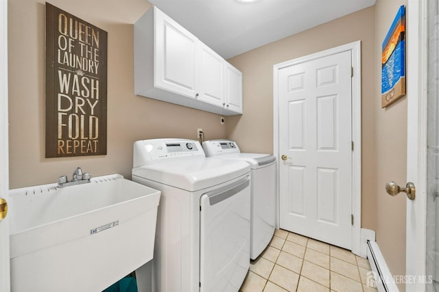 8 Garvey Dr, Monroe, NJ 08831 - washroom with washer and dryer, cabinet space, light tile patterned floors, and baseboard heating