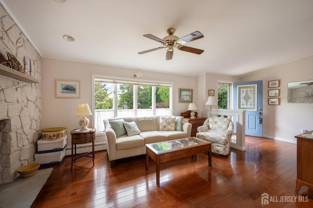95 Half Acre Rd, Monroe, NJ 08831 - living room with dark wood-style flooring, crown molding, ceiling fan, and a baseboard radiator