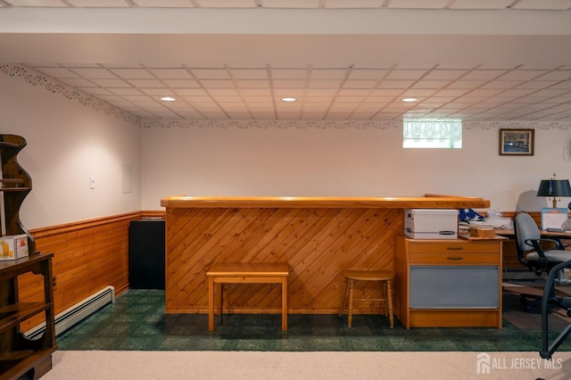 95 Half Acre Rd, Monroe, NJ 08831 - indoor dry bar with a baseboard heating unit, wood walls, wainscoting, tile patterned floors, and recessed lighting