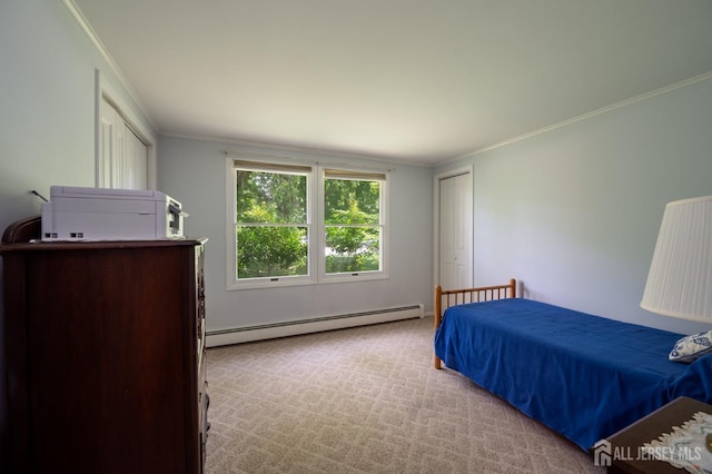 95 Half Acre Rd, Monroe, NJ 08831 - bedroom featuring a baseboard heating unit, crown molding, and carpet