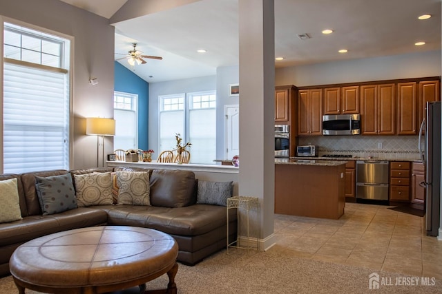 53 Mandrake Rd, Monroe, NJ 08831 - living room with lofted ceiling, a ceiling fan, light tile patterned floors, and recessed lighting