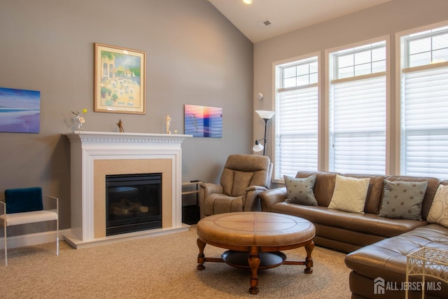 53 Mandrake Rd, Monroe, NJ 08831 - living room with lofted ceiling, a glass covered fireplace, and carpet