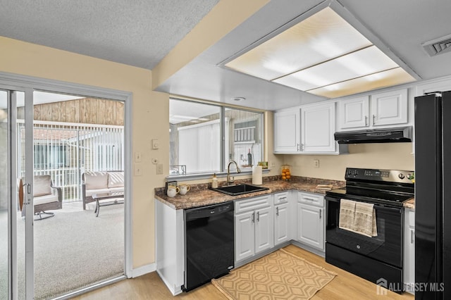 214 Branch Rd, Monroe, NJ 08831 - kitchen with black appliances, under cabinet range hood, a sink, light wood finished floors, and white cabinets