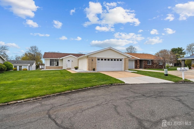 214 Branch Rd, Monroe, NJ 08831 - ranch-style house with a garage, a front lawn, concrete driveway, and brick siding