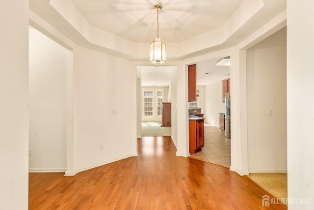 spare room featuring baseboards, a raised ceiling, and wood finished floors