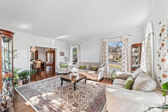 living area featuring crown molding and wood finished floors