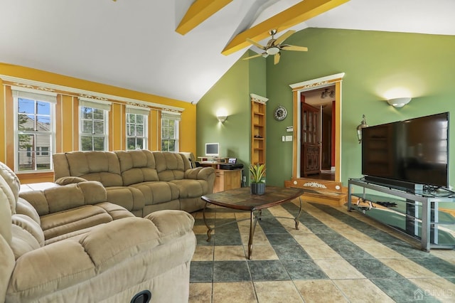 living room with high vaulted ceiling, beam ceiling, and a ceiling fan