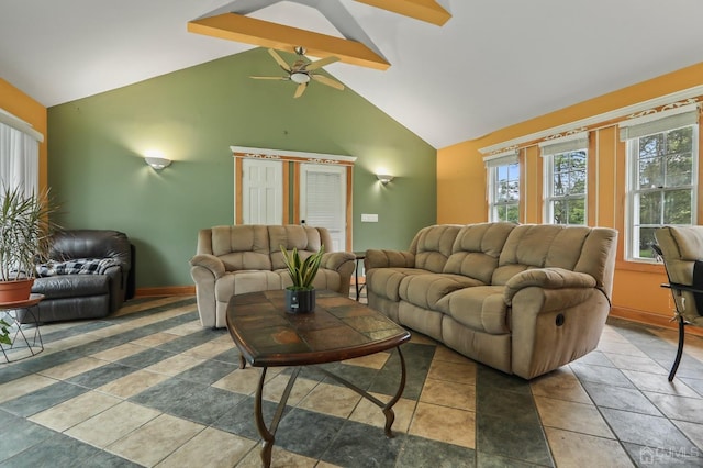 living area with high vaulted ceiling, ceiling fan, baseboards, and beamed ceiling