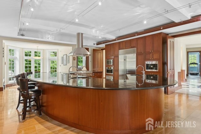 kitchen featuring a large island, built in appliances, plenty of natural light, and sink