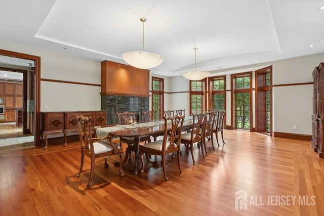 dining room with a tray ceiling and light wood-type flooring