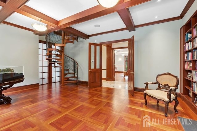 living area with parquet flooring, beamed ceiling, plenty of natural light, and crown molding