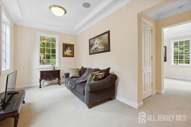 carpeted living room with crown molding