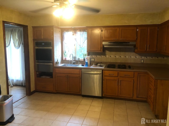 41 Bartha Ave, Edison, NJ 08817 - kitchen featuring appliances with stainless steel finishes, under cabinet range hood, a ceiling fan, a sink, and a warming drawer