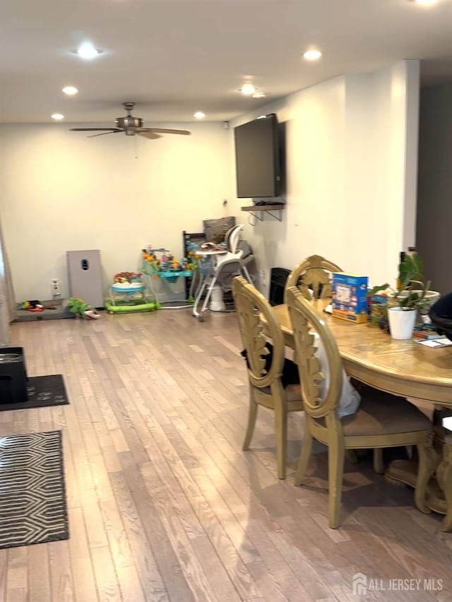 150 School St, Piscataway, NJ 08878 - dining area featuring a ceiling fan, light wood-style floors, and recessed lighting