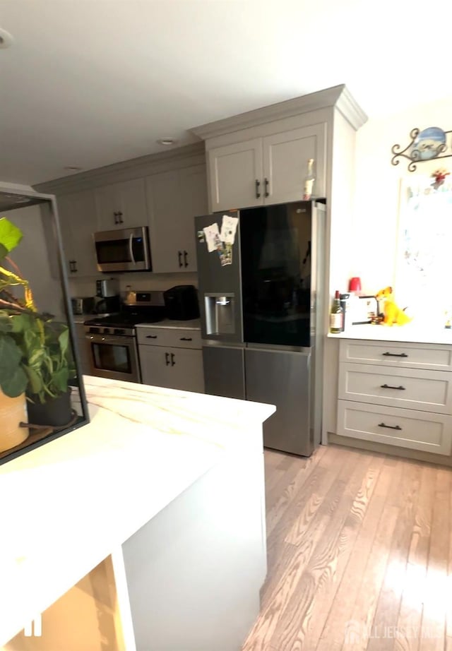 150 School St, Piscataway, NJ 08878 - kitchen featuring appliances with stainless steel finishes, light wood-type flooring, light countertops, and gray cabinets