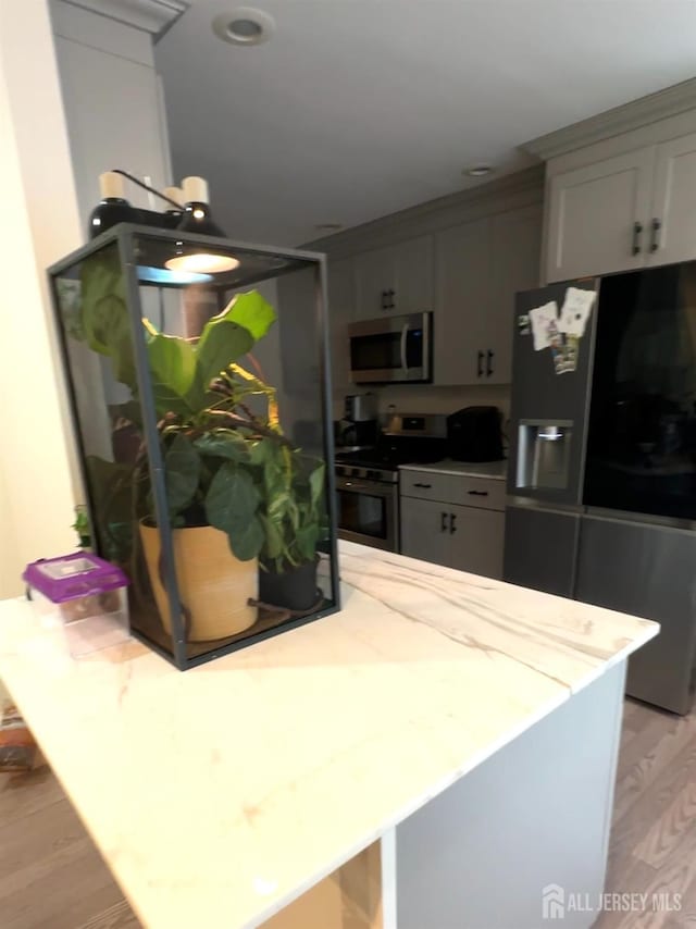 150 School St, Piscataway, NJ 08878 - kitchen featuring appliances with stainless steel finishes, light wood-type flooring, and light stone counters