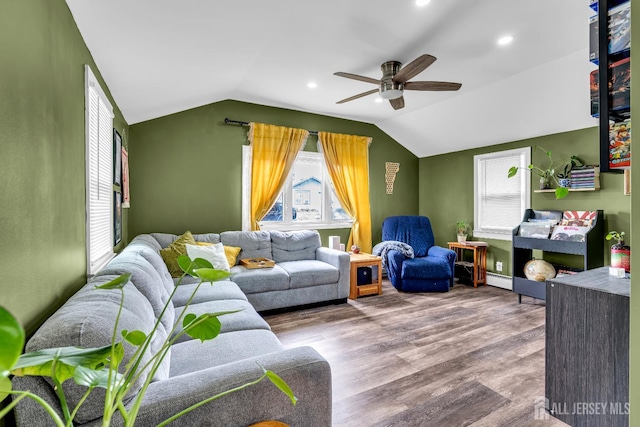 208 Hilltop Blvd, Old Bridge, NJ 07735 - living area with a ceiling fan, lofted ceiling, wood finished floors, a baseboard radiator, and recessed lighting