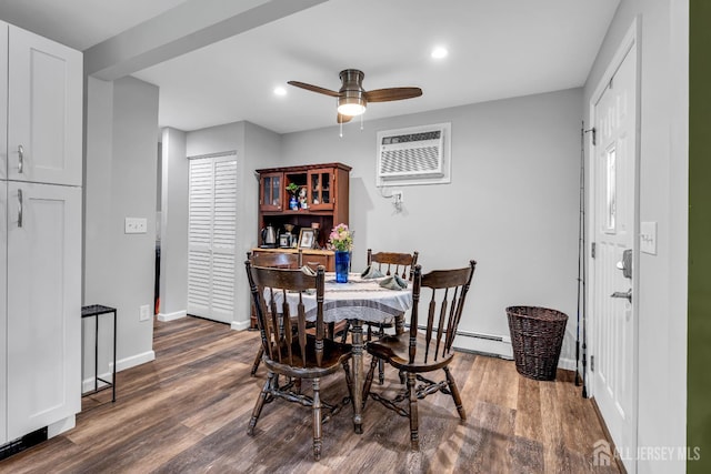 208 Hilltop Blvd, Old Bridge, NJ 07735 - dining area featuring a ceiling fan, wood finished floors, a wall mounted air conditioner, recessed lighting, and a baseboard heating unit