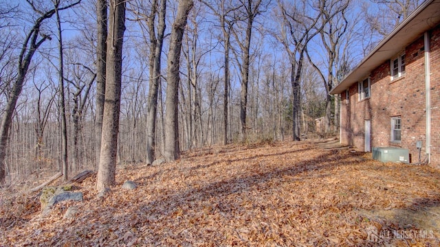 view of yard with a forest view and cooling unit