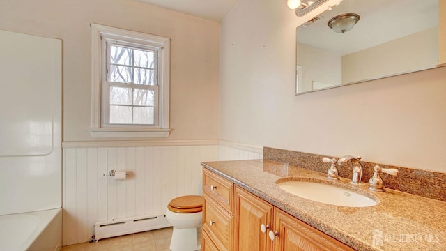 bathroom featuring visible vents, a baseboard heating unit, toilet, wainscoting, and vanity