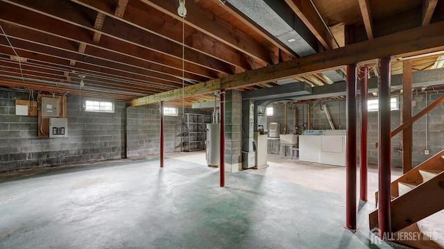 basement with independent washer and dryer, water heater, stairway, electric panel, and a sink