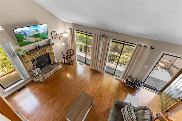 295 Gemini Dr Unit 3D, Hillsborough, NJ 08844 - living area featuring lofted ceiling, a stone fireplace, wood finished floors, a textured ceiling, and baseboards