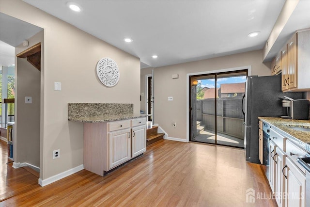 295 Gemini Dr Unit 3D, Hillsborough, NJ 08844 - kitchen with light wood-style floors, baseboards, plenty of natural light, recessed lighting, and light stone counters