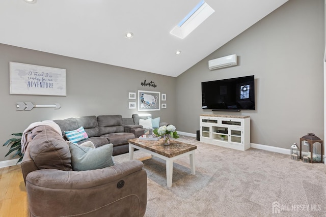 3223 Banta Rd, South Plainfield, NJ 07080 - living area featuring a skylight, a wall mounted AC, baseboards, high vaulted ceiling, and recessed lighting