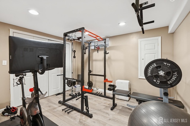 3223 Banta Rd, South Plainfield, NJ 07080 - workout area featuring wood finished floors, baseboards, and recessed lighting