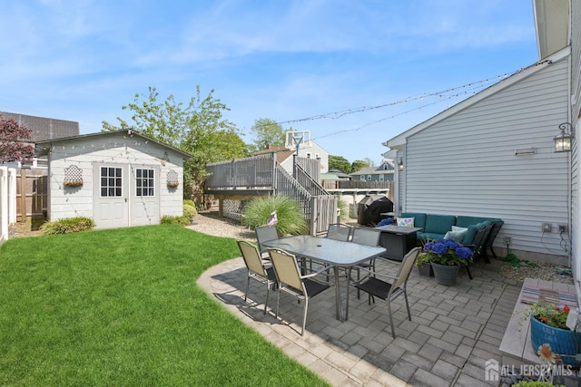 3223 Banta Rd, South Plainfield, NJ 07080 - view of patio / terrace with an outdoor living space, an outbuilding, stairs, outdoor dining area, and a wooden deck