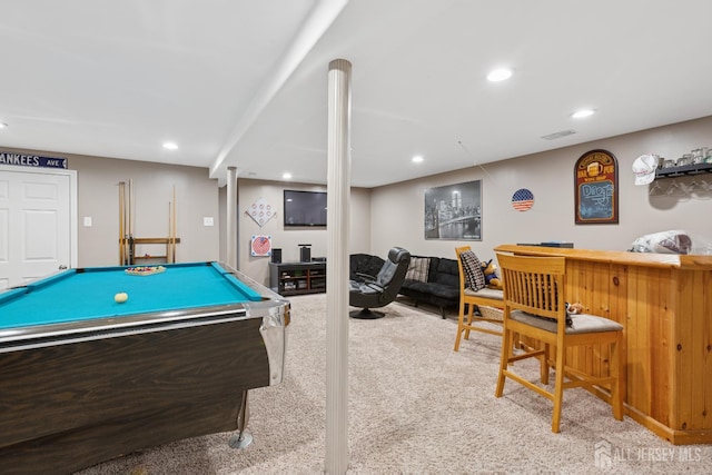 3223 Banta Rd, South Plainfield, NJ 07080 - game room featuring carpet flooring, a bar, billiards table, and recessed lighting
