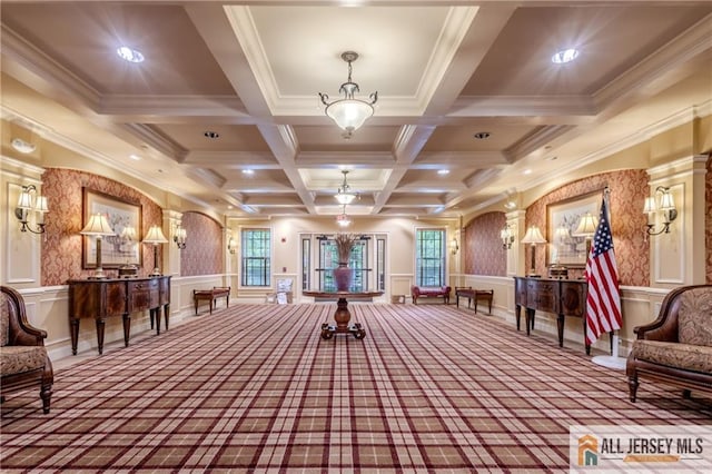 1410 Colts Cir, Lawrence, NJ 08648 - lobby featuring coffered ceiling, beam ceiling, crown molding, and a decorative wall