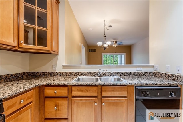 1410 Colts Cir, Lawrence, NJ 08648 - kitchen with black dishwasher, a chandelier, brown cabinetry, and glass insert cabinets