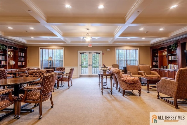 1410 Colts Cir, Lawrence, NJ 08648 - living room with crown molding, french doors, light carpet, beamed ceiling, and coffered ceiling