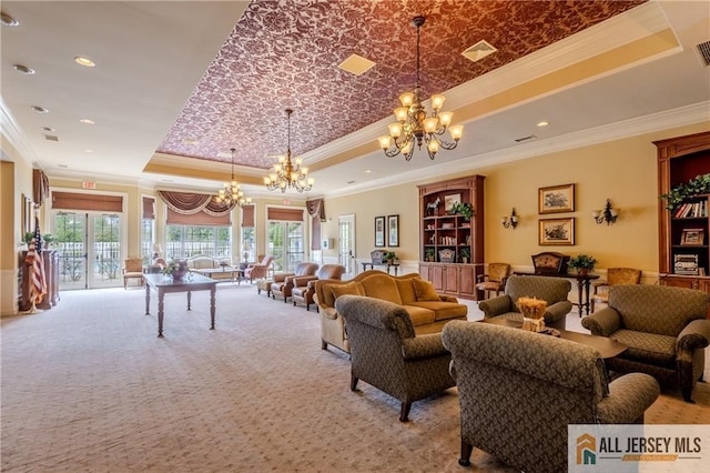 1410 Colts Cir, Lawrence, NJ 08648 - carpeted living area featuring a chandelier, a raised ceiling, crown molding, and recessed lighting