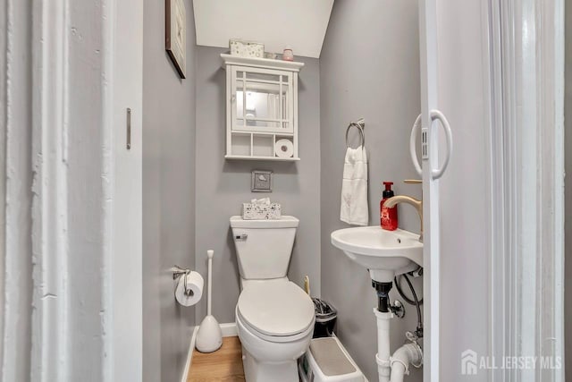 bathroom featuring toilet, baseboards, wood finished floors, and a sink