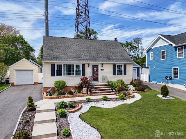 cape cod-style house featuring a front yard, an outbuilding, a garage, aphalt driveway, and a shingled roof