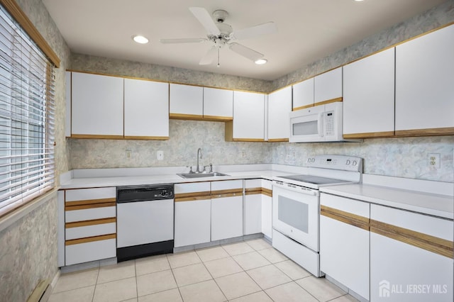 639 Madison Dr Unit C, Monroe, NJ 08831 - kitchen featuring white appliances, a sink, light countertops, white cabinetry, and ceiling fan