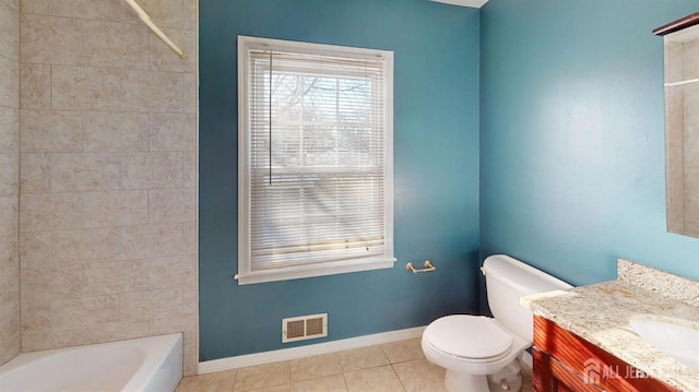 full bathroom with toilet, tile patterned flooring, bathing tub / shower combination, and vanity