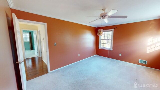 carpeted empty room featuring ornamental molding and ceiling fan