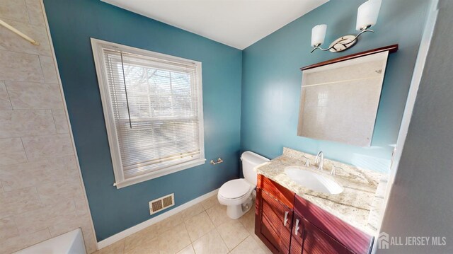 bathroom featuring toilet, tile patterned floors, and vanity