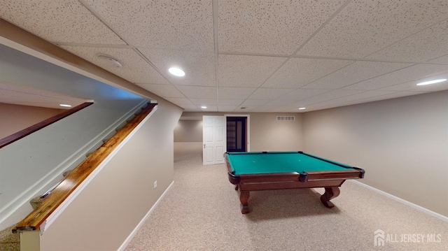 recreation room featuring a paneled ceiling, billiards, and carpet floors