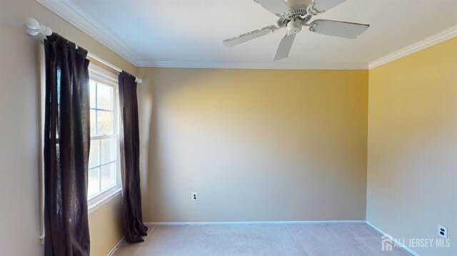 carpeted empty room featuring ceiling fan and crown molding