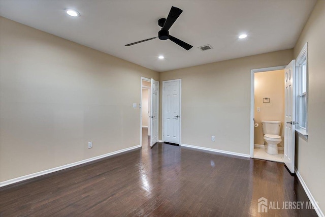 unfurnished bedroom with visible vents, recessed lighting, baseboards, and wood finished floors